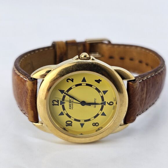 Perry Ellis 34MM Women's Watch Yellow Dial Brown Leather Bands New Battery - Picture 1 of 13